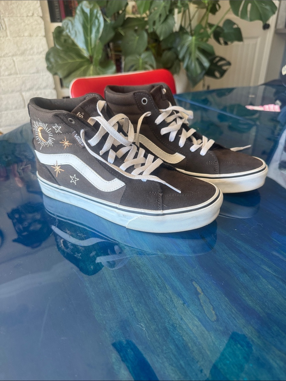 Vans Like New Black High-Top Sneakers with White Stripe and Celestial Embroidery